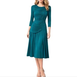 Vintage Jewel Teal Ruched Long Sleeve Dress Small